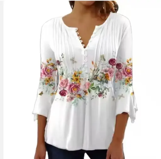 粉白花卉紐扣衫